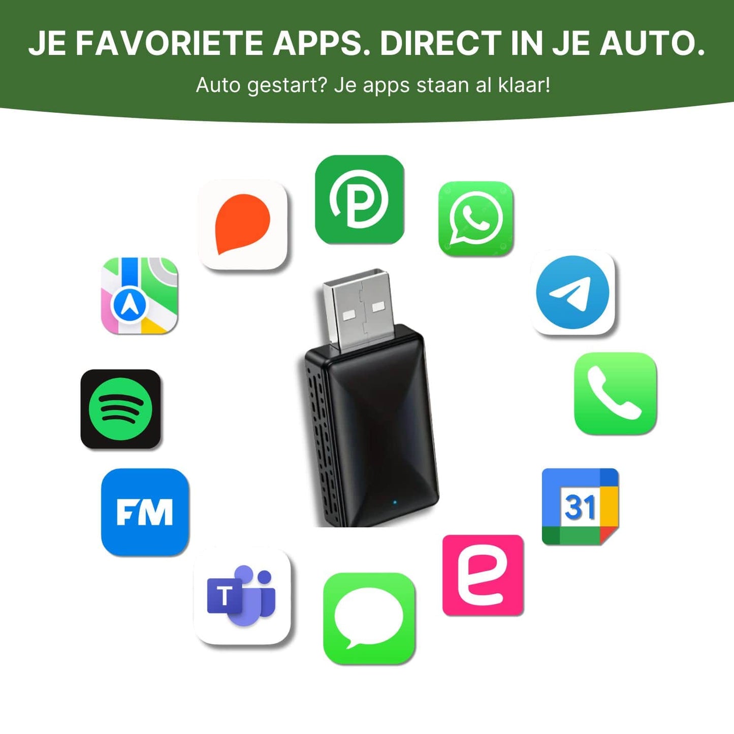 CarVizio adapter toont compatibiliteit met populaire apps zoals Spotify, WhatsApp, Apple Maps en Google Calendar via Apple CarPlay en Android Auto.