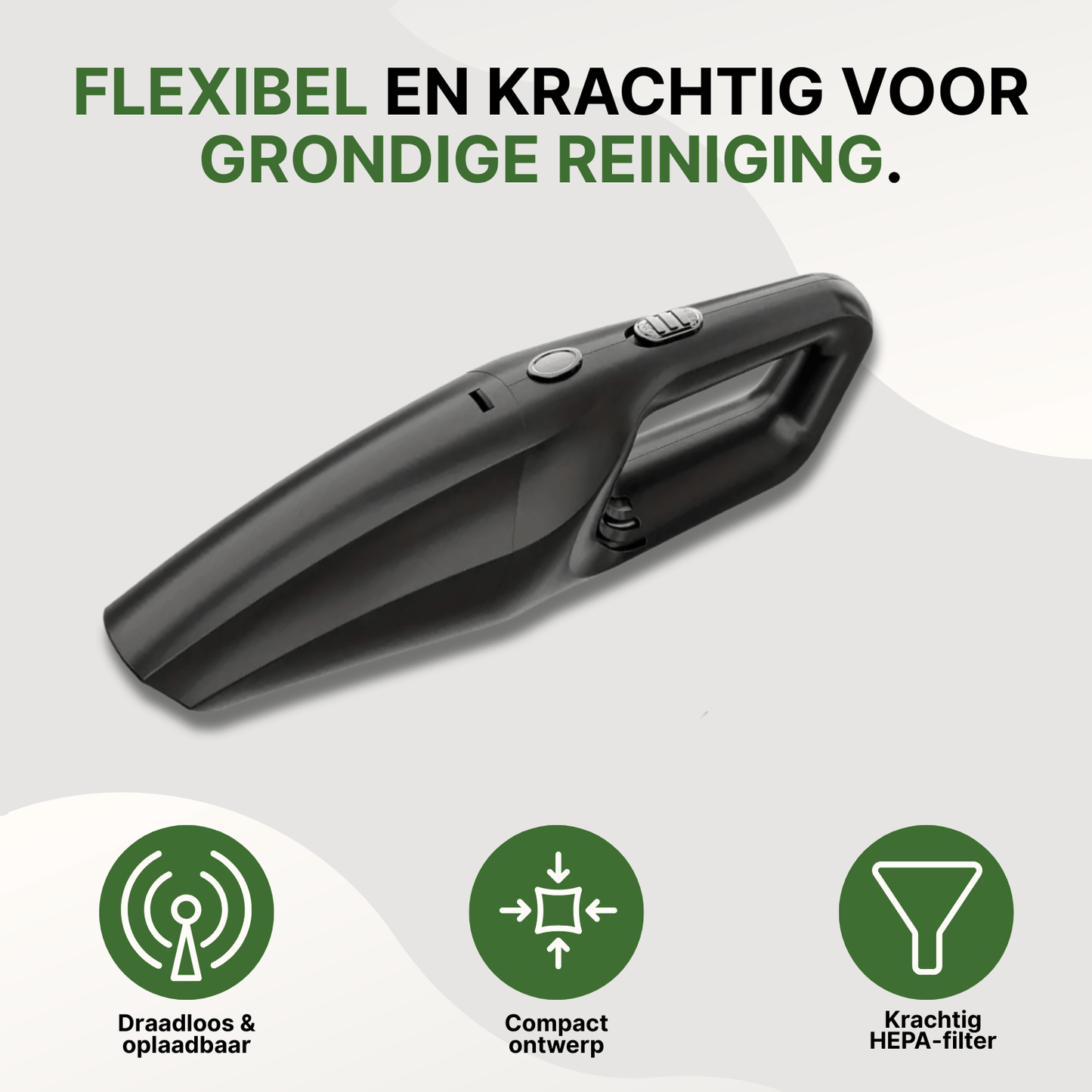 Zwarte Neatix™ handstofzuiger met compact ontwerp en krachtige HEPA-filter, draadloos en oplaadbaar.