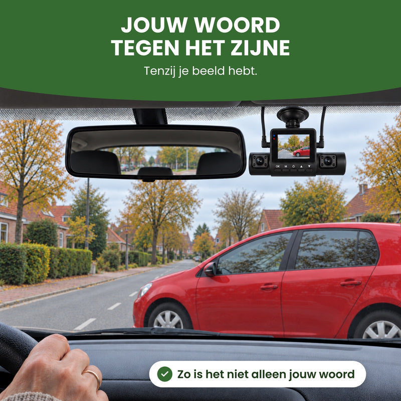The 360Guard Pro dashcam by the rearview mirror shows the red car stopped across your lane: your word against theirs, unless you have it on camera