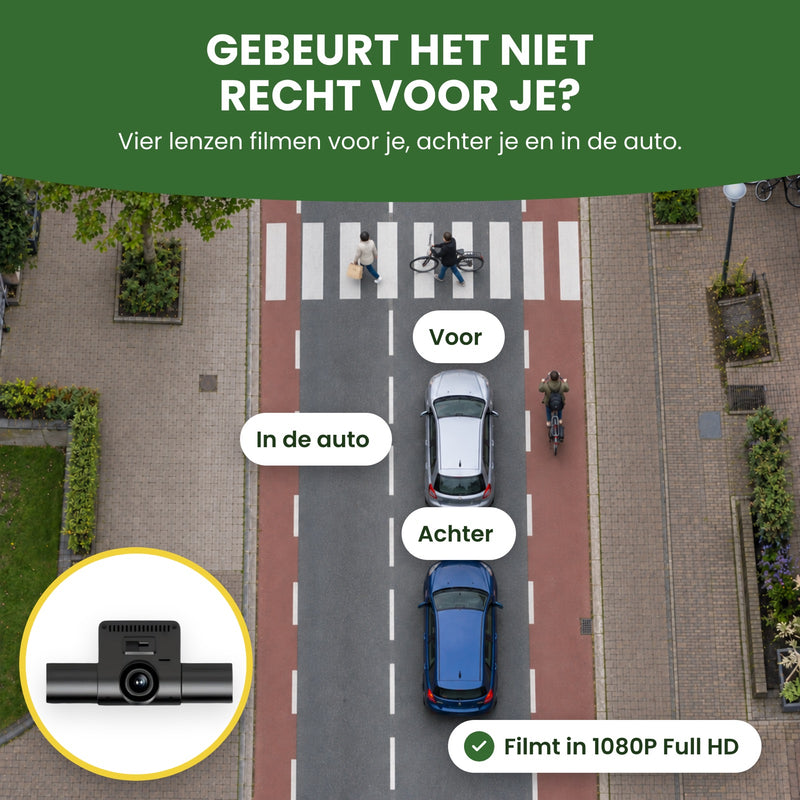 A car seen from above at a crosswalk, a car right behind it and a cyclist beside it: the four lenses of the 360Guard Pro record front, rear and inside
