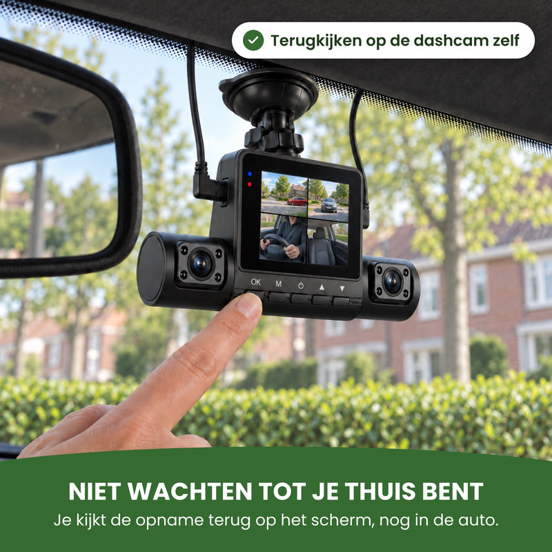 In a parked car, a finger rests on the OK button of the 360Guard Pro; the screen shows front, rear, driver and passenger seat. Play it back in the car