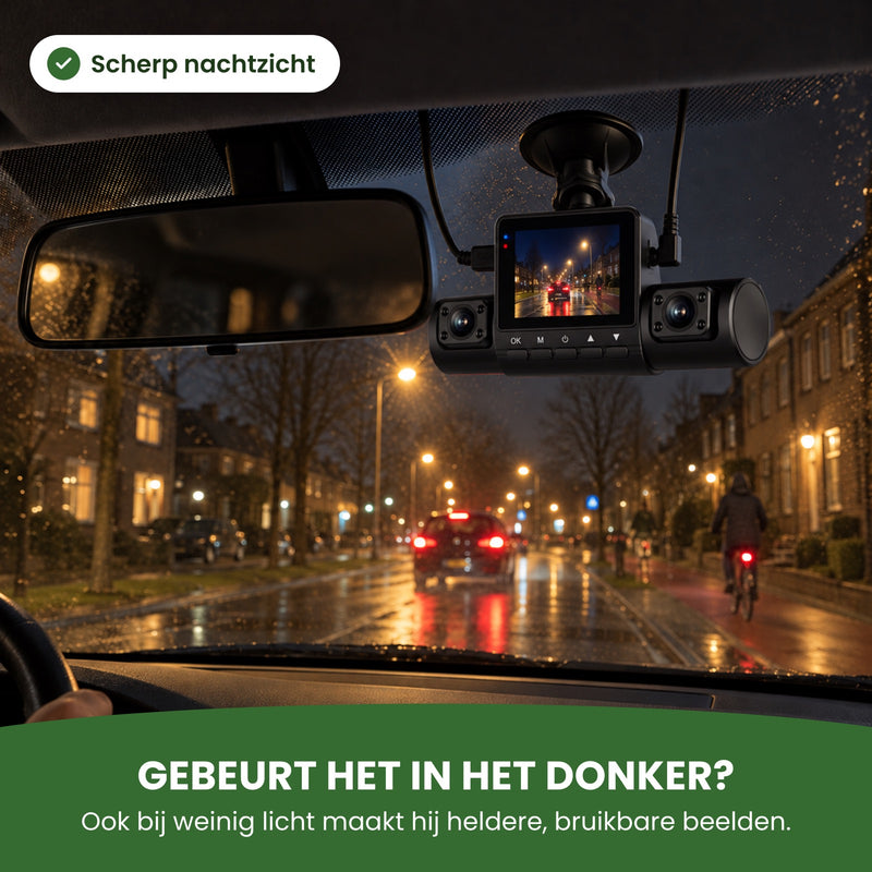 The 360Guard Pro dashcam by the mirror on a dark, wet street, the screen showing the road: even in low light it captures usable footage