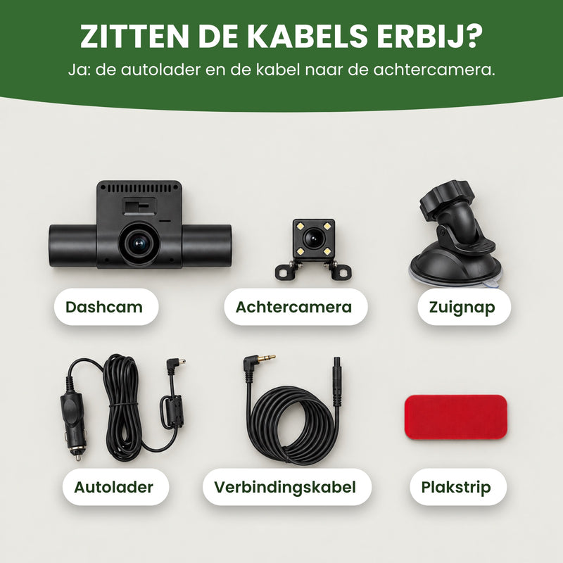 Included: the 360Guard Pro dashcam, rear camera, suction cup, car charger, connection cable and adhesive strip. The cables are included