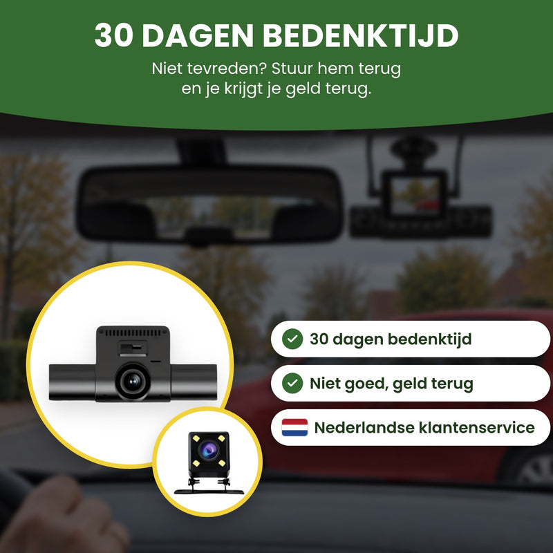 360Guard Pro dashcam with rear camera: 30-day returns, money back if you are not happy, and English-speaking support