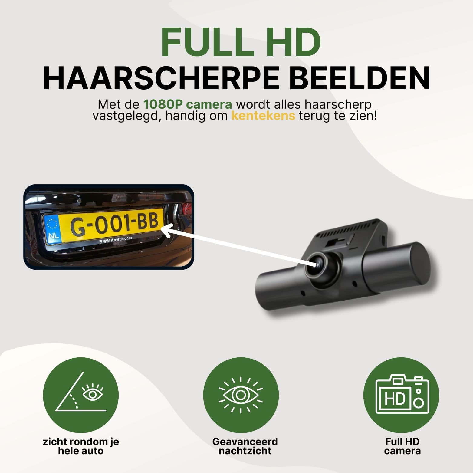 360Guard Pro dashcam met dubbele lens voor haarscherpe 1080p opnames, kentekenregistratie, nachtzicht en 360° zicht rondom je voertuig.