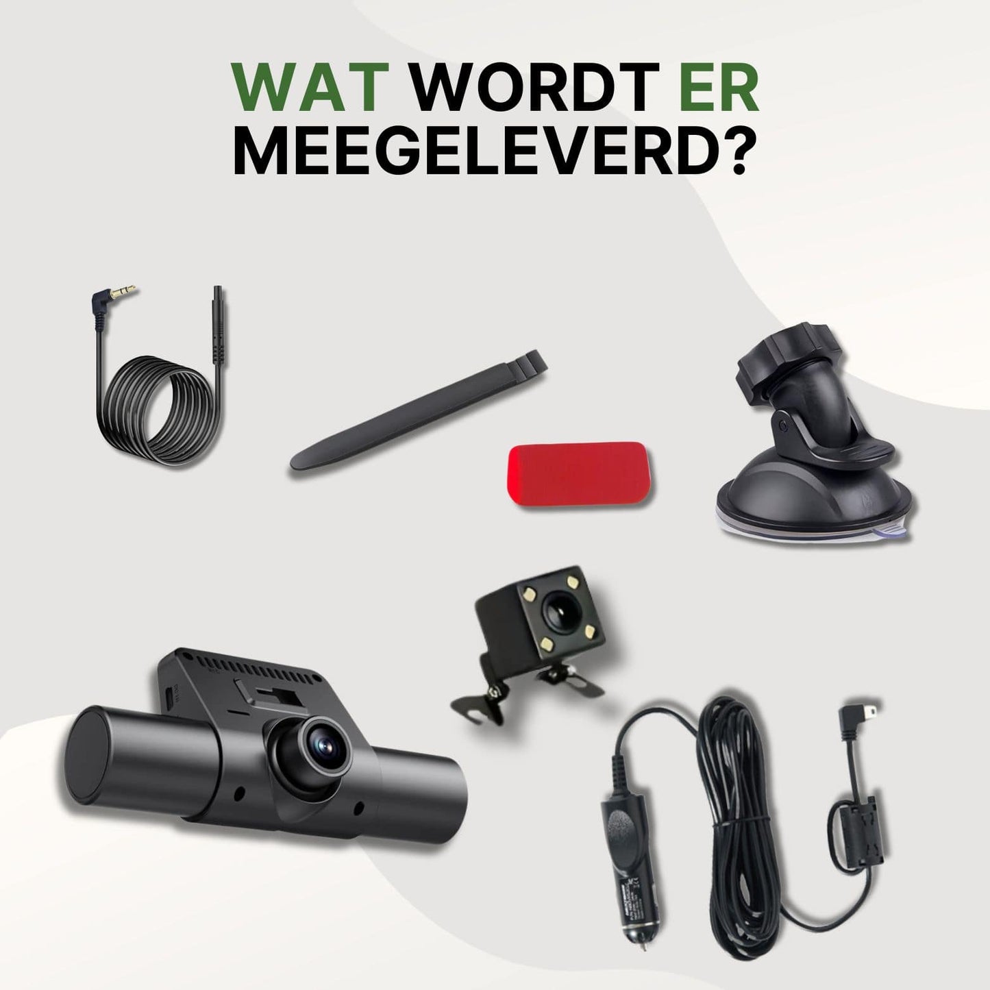 Volledige set van de 360Guard Pro dashcam, inclusief hoofdcamera, achtercamera, zuignap, 12V autolader, verlengkabel, bevestigingspad en montagetool.
