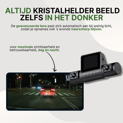 360Guard Pro dashcam met geavanceerde lens die automatisch aanpast aan weinig licht voor kristalheldere beelden, zowel overdag als 's nachts.