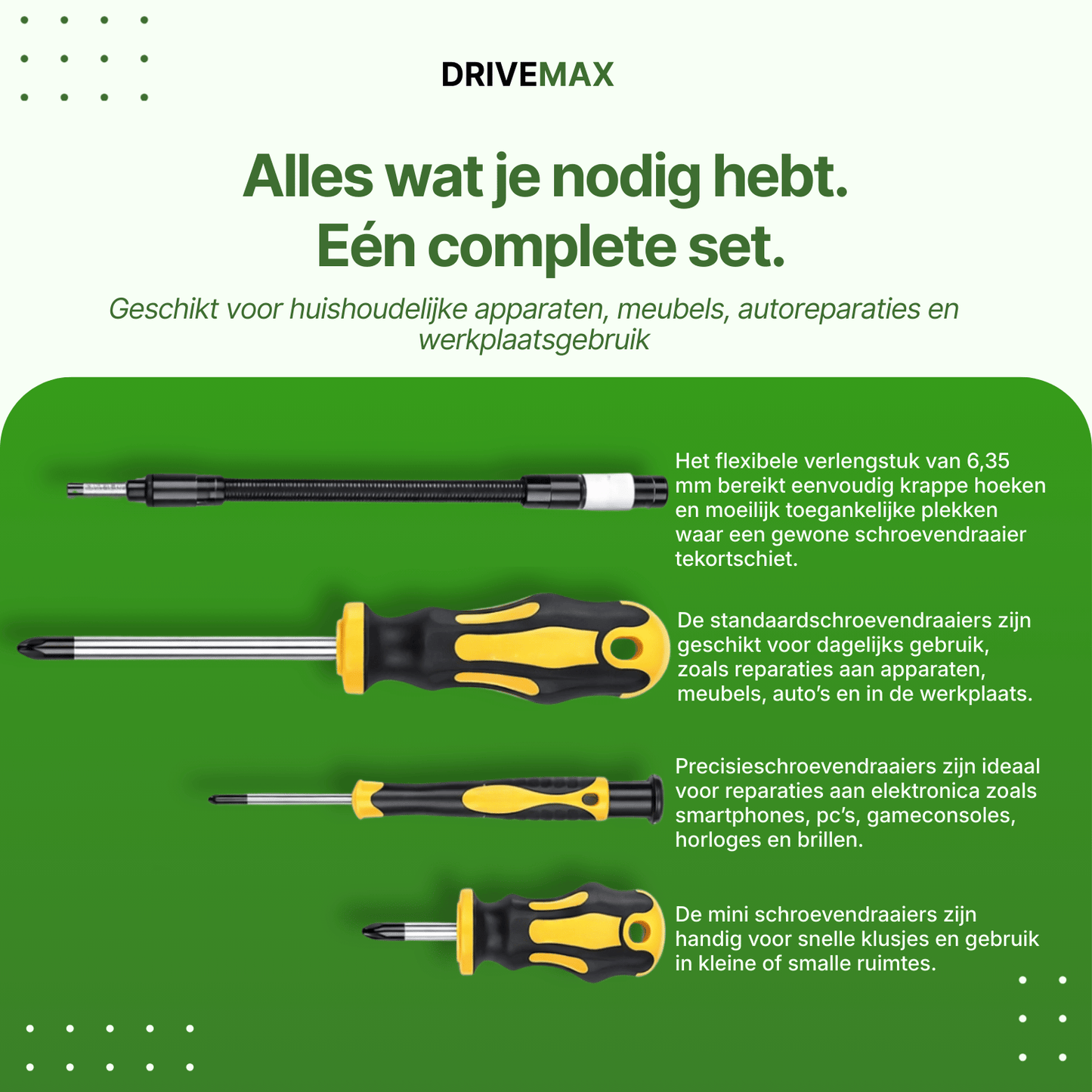 Screwdriver set in case with bits and flexible extender