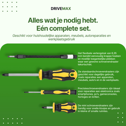 Screwdriver set in case with bits and flexible extender