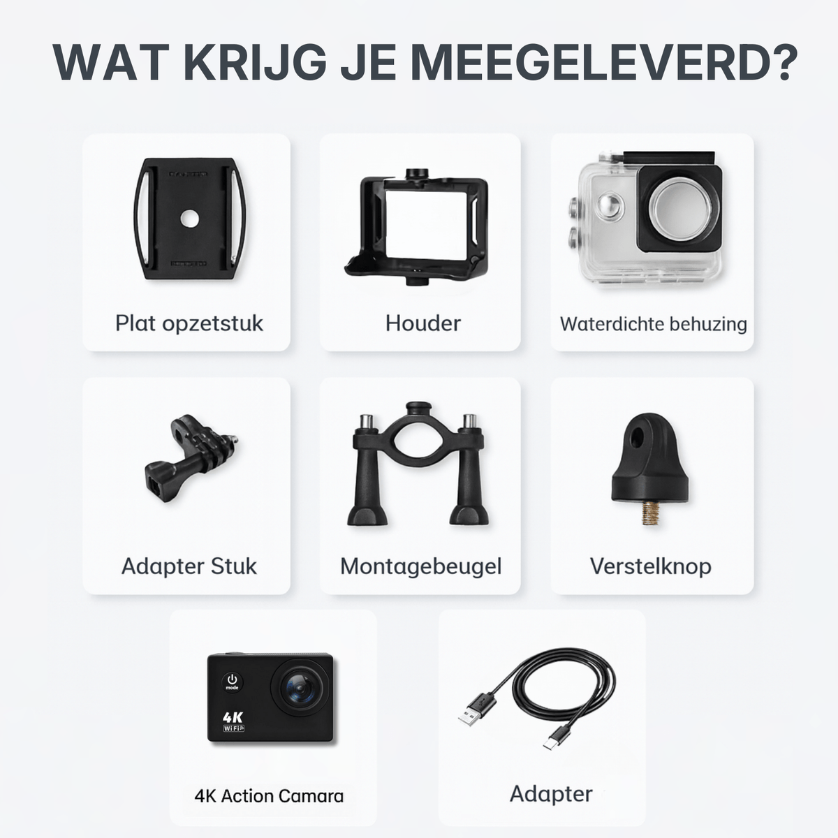 Included accessories with 4K action camera such as waterproof housing and mounting parts.