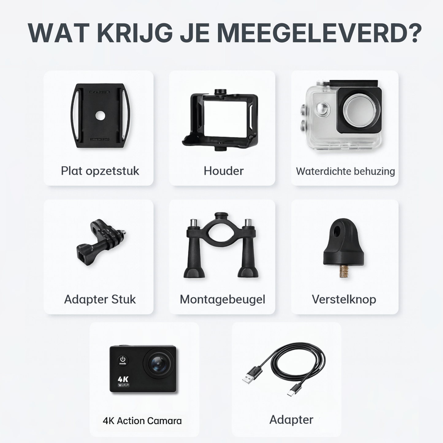 Meegeleverde accessoires bij 4K action camera zoals waterdichte behuizing en montageonderdelen.