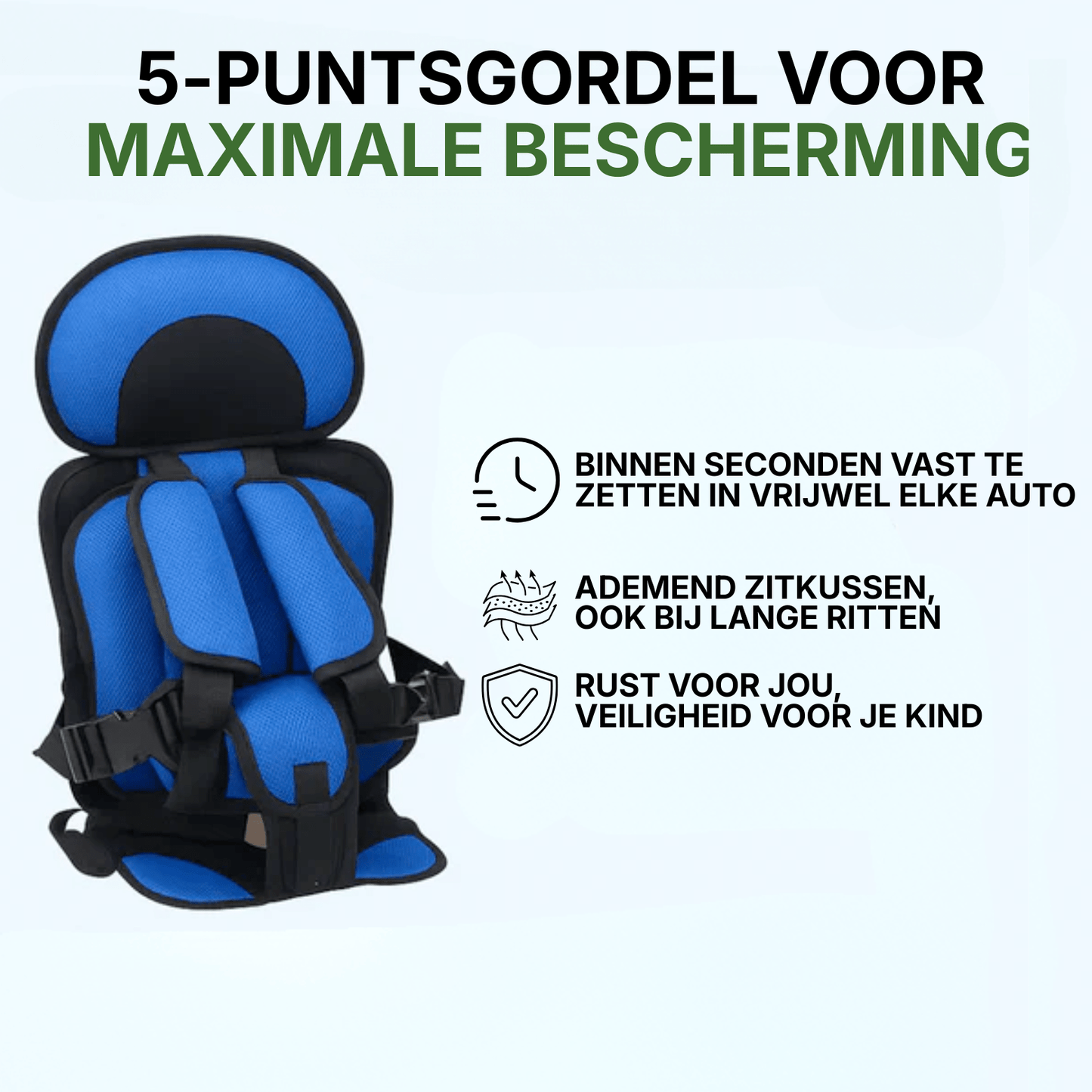 Blauwe kinder autostoel met 5-puntsgordel, ademend zitkussen en verstelbare gordels voor veilige en comfortabele autoritten.