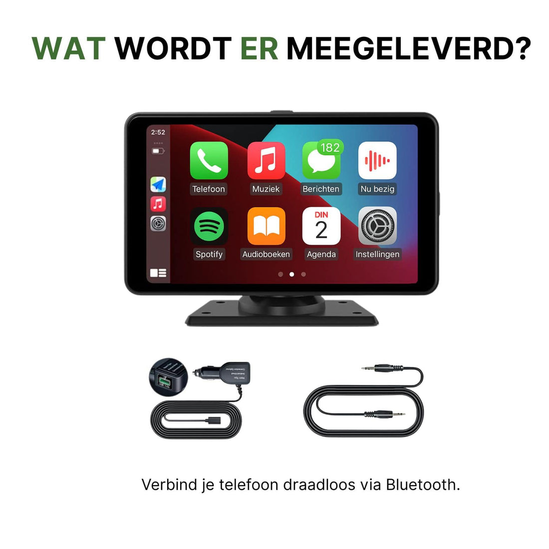 Navion One CarPlay screen with included accessories: power adapter, AUX cable, and USB cable – connect your phone wirelessly via Bluetooth for hands-free use in the car.