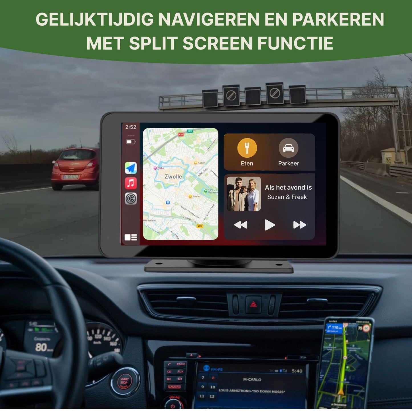 Navion One CarPlay screen with split-screen function – simultaneous navigation via maps and parking with camera view or media view, perfect for multitasking while driving.