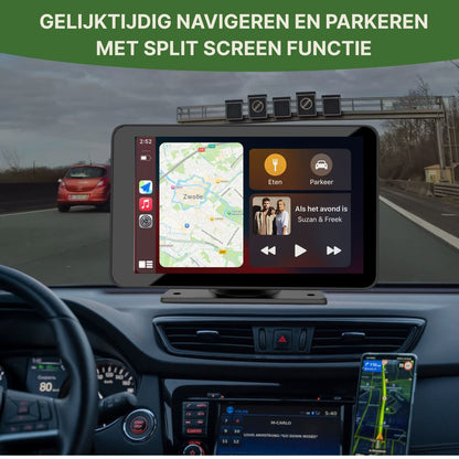 Navion One CarPlay screen with split-screen function – simultaneous navigation via maps and parking with camera view or media view, perfect for multitasking while driving.