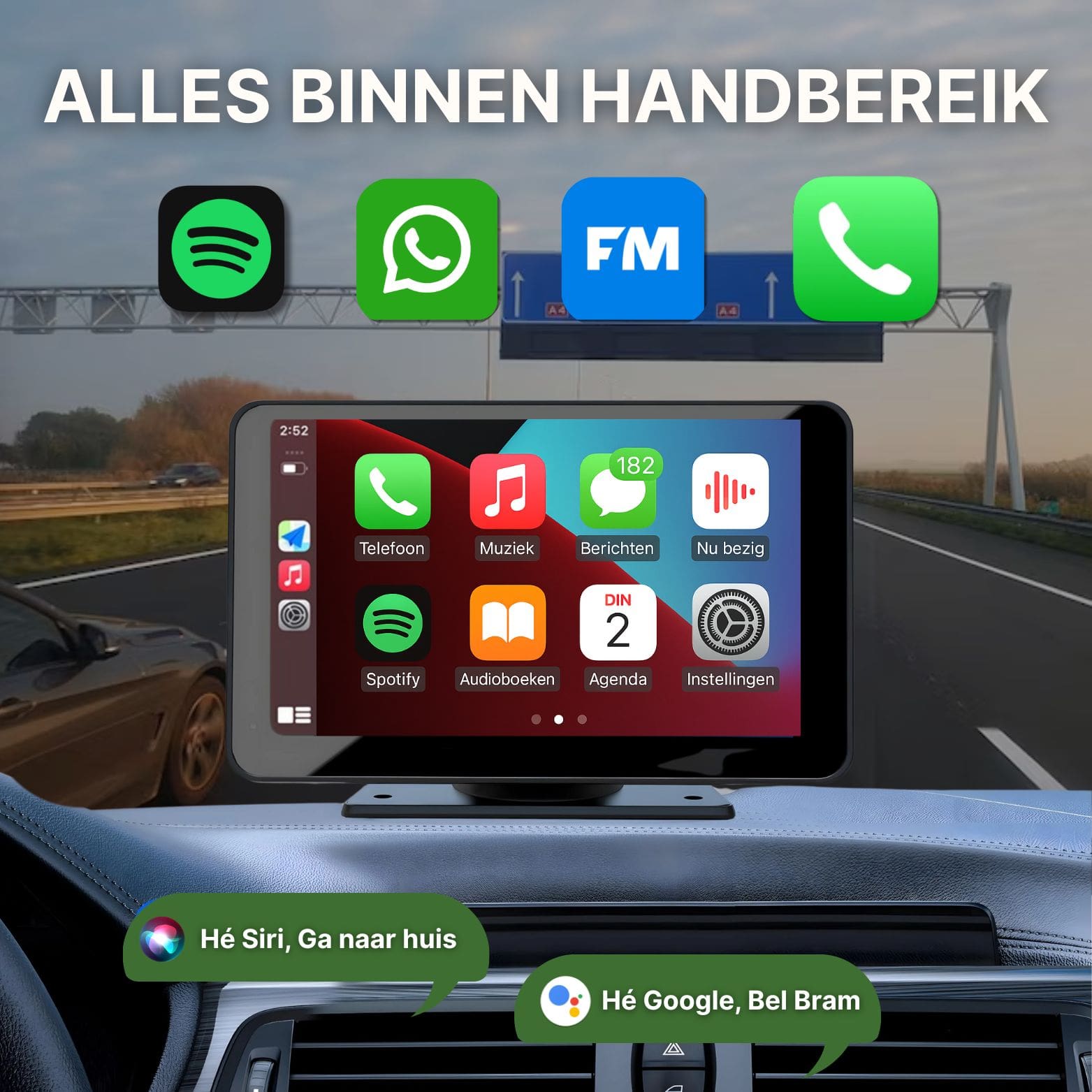 Navion One CarPlay screen with voice control via Siri and Google Assistant, for hands-free calling, navigation, and listening to music while driving – ideal for use with Spotify, WhatsApp, and more.