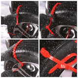 Close-up of the assembly process of SnowGrip snow chains on a car tire, easy to fasten with red straps.