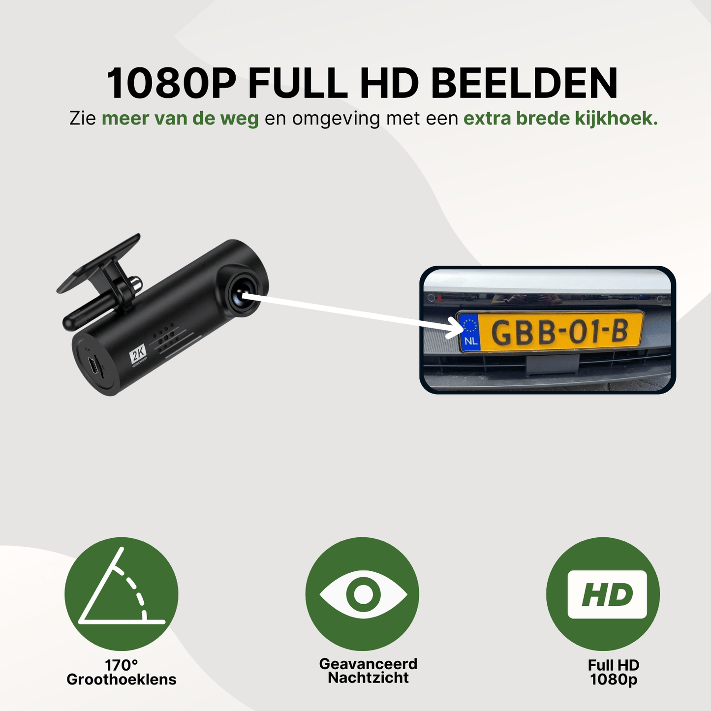 VoiceGuard Pro dashcam met 1080p Full HD beeld, 170° groothoeklens en geavanceerd nachtzicht voor scherpe kentekenregistratie.