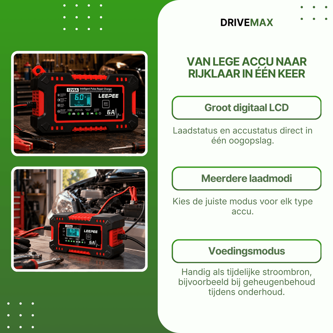 Closeup van het digitale display van de VoltGuard acculader tijdens het opladen