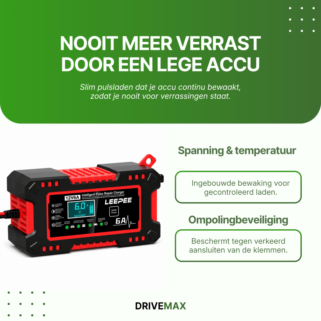 Acculader met USB-poort en veiligheidsindicatoren op zijpaneel