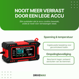 Acculader met USB-poort en veiligheidsindicatoren op zijpaneel