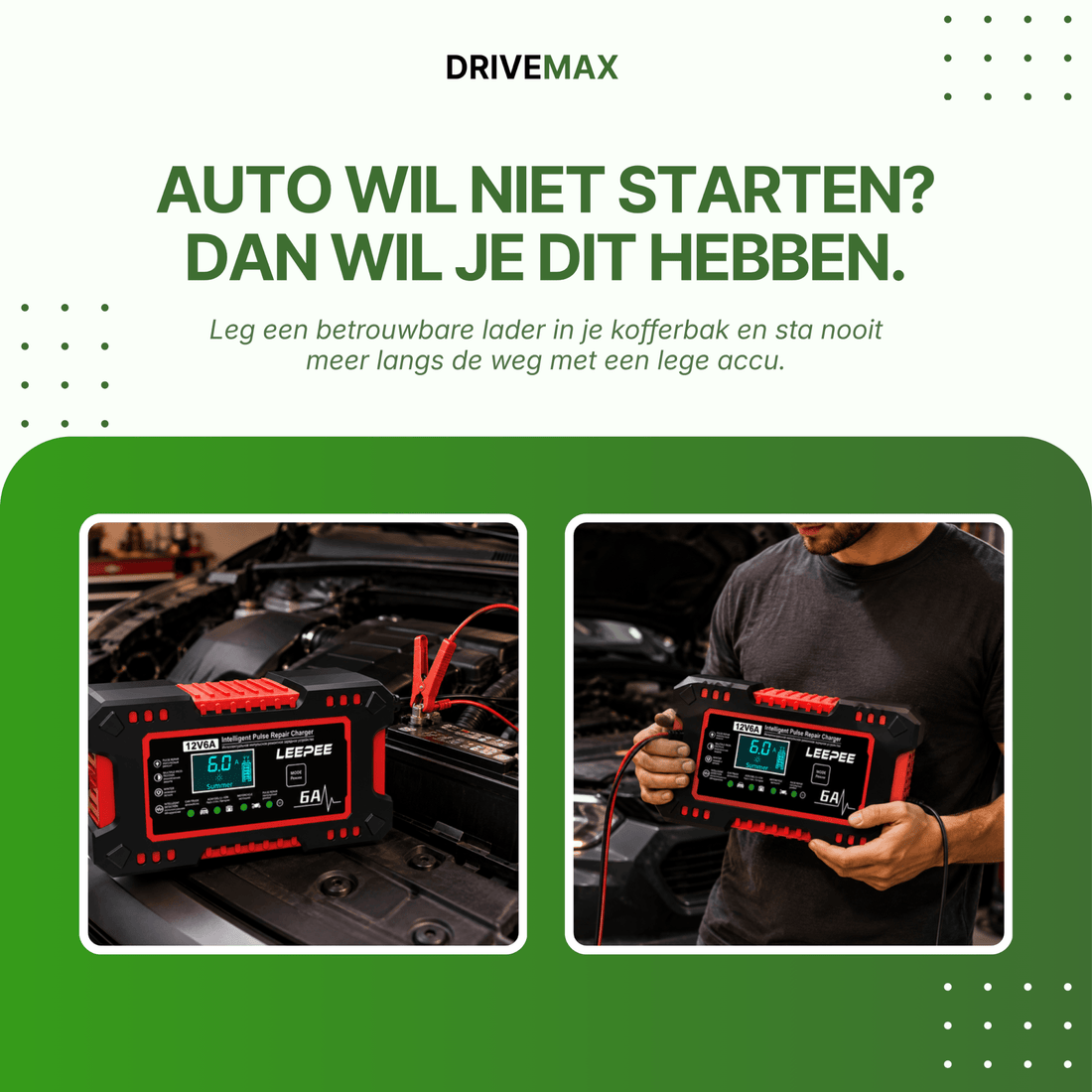 Hand die de acculader aansluit op een motorfietsaccu in garage