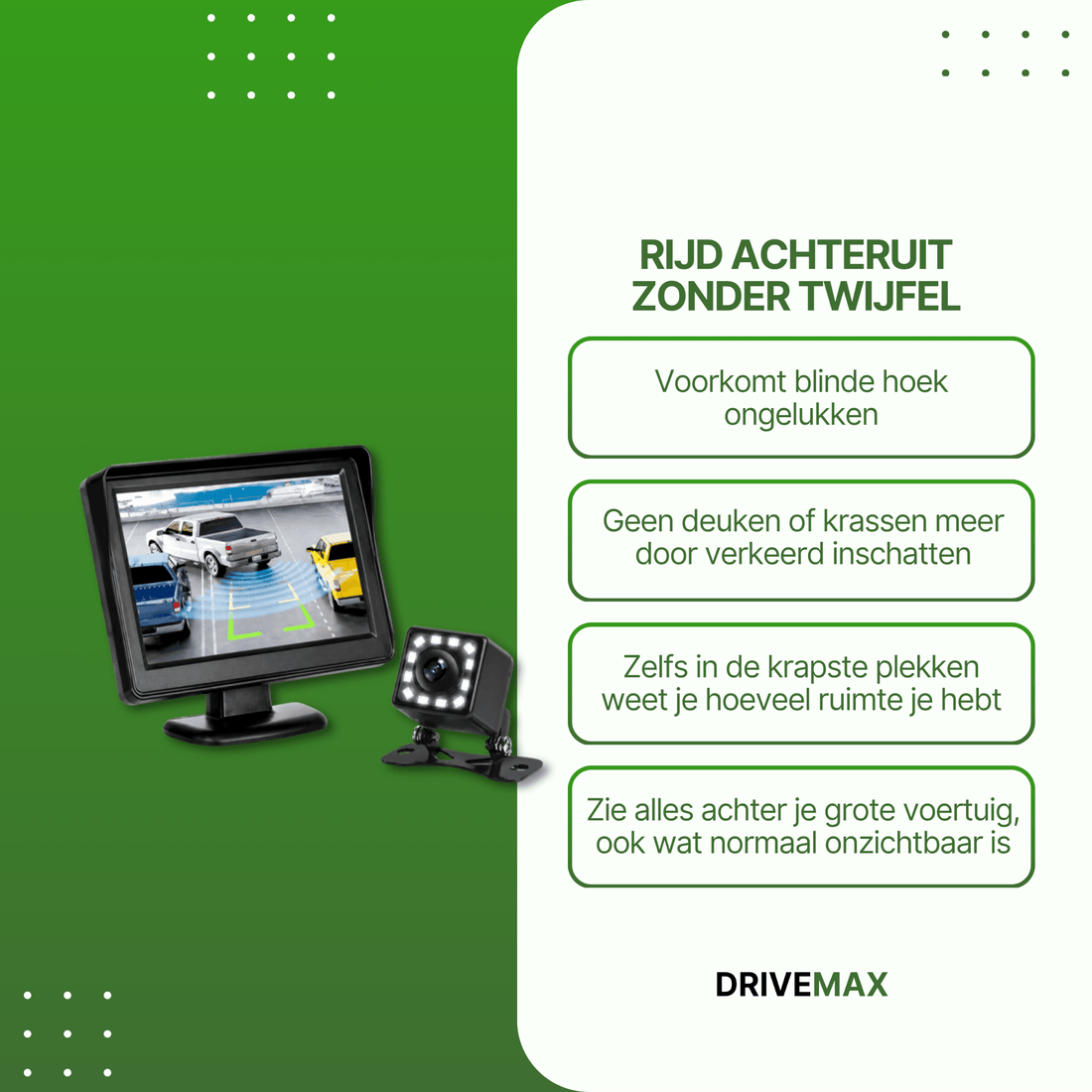 Nachtopname via achteruitrijcamera met scherp zichtbare rijstrepen en obstakels