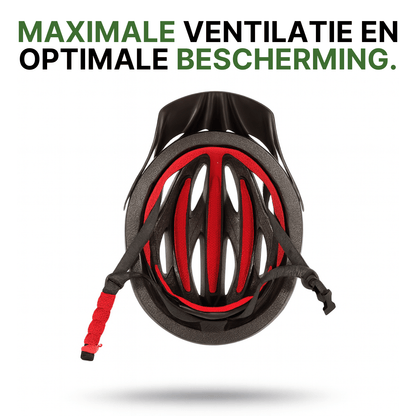 Binnenkant van AeroX fietshelm met rode voering en ventilatiekanalen voor comfort en maximale bescherming.