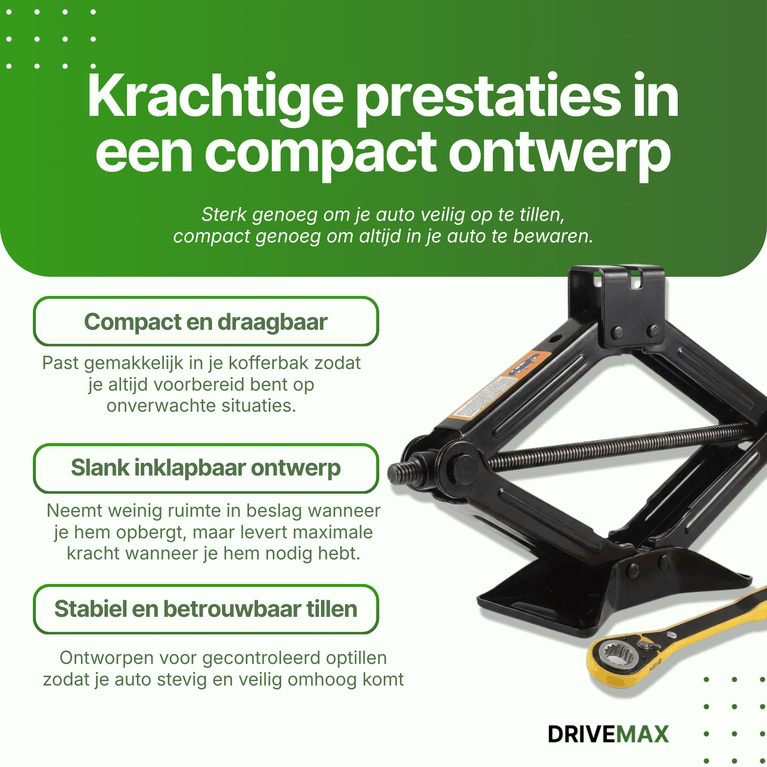 Black scissor car jack with lifting screw and handle shown on green background highlighting compact design.