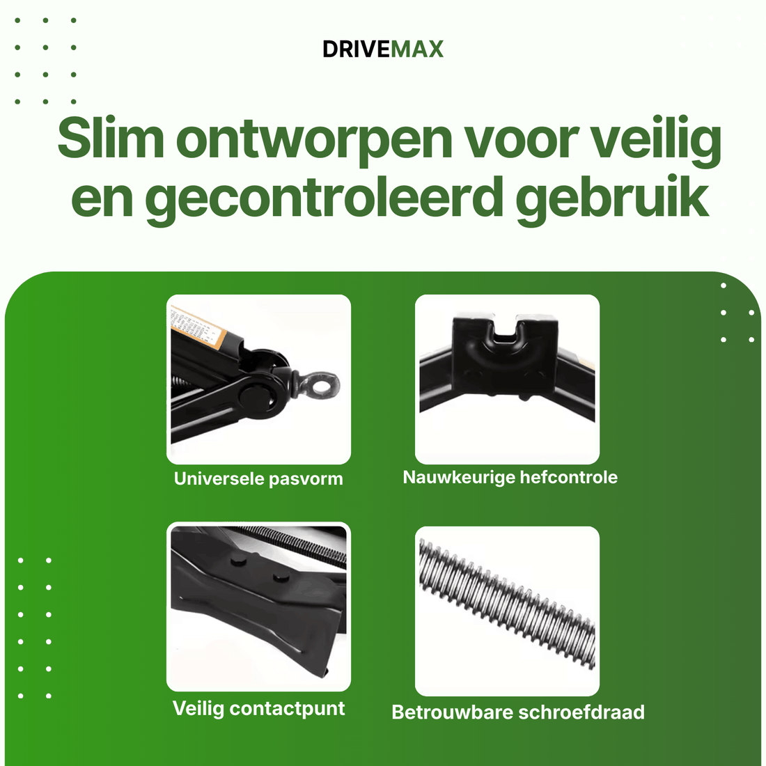 Close-up details of a black scissor car jack showing lift point, screw thread and contact base.