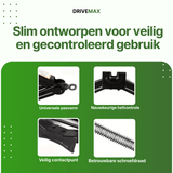 Close-up details of a black scissor car jack showing lift point, screw thread and contact base.