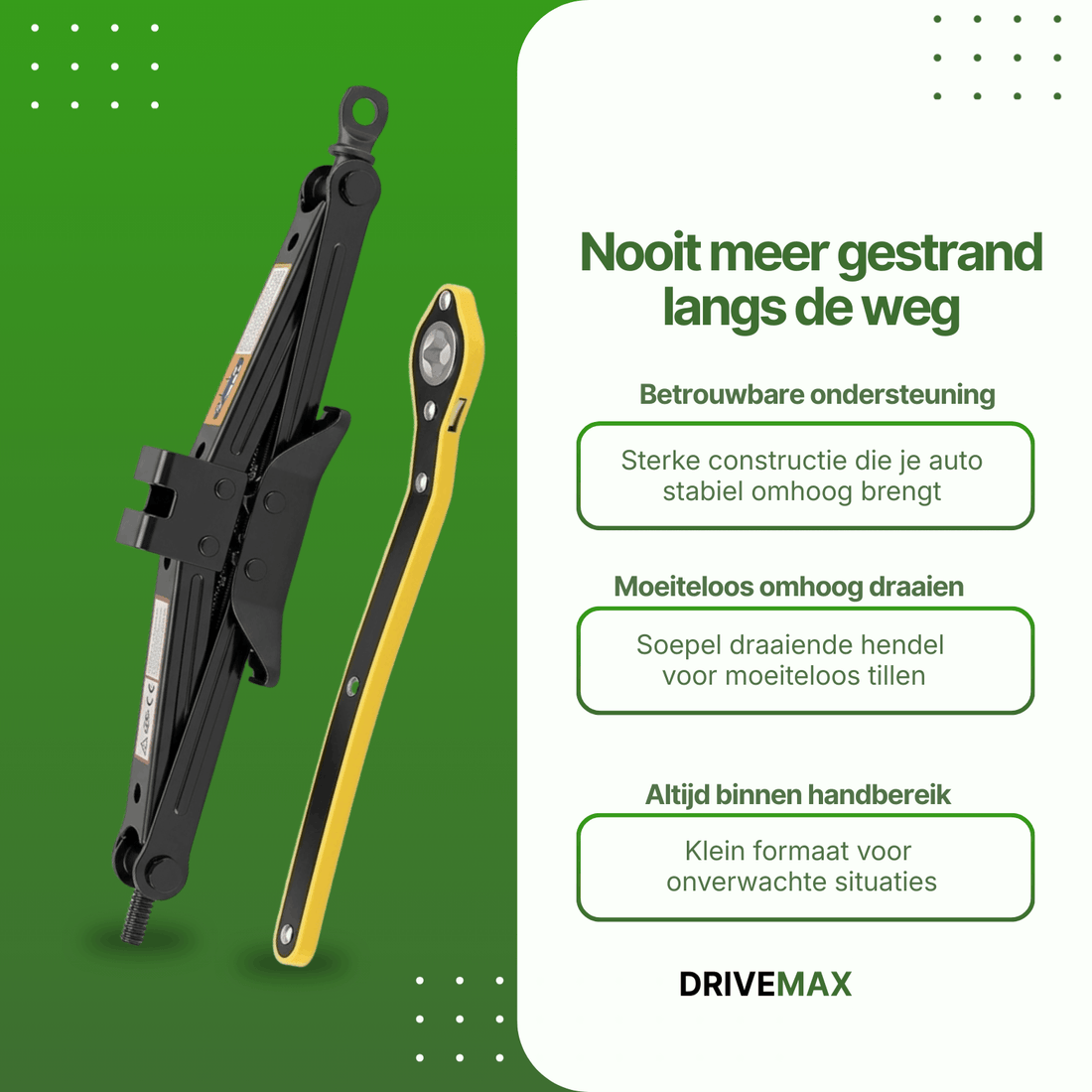 Black scissor car jack with yellow handle shown upright with text describing stable lifting and portable design.