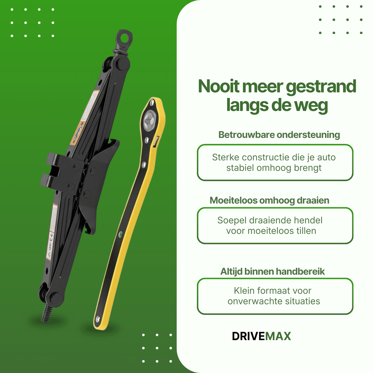 Black scissor car jack with yellow handle shown upright with text describing stable lifting and portable design.