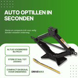 Black scissor car jack with yellow handle on green promotional background about lifting a car quickly.