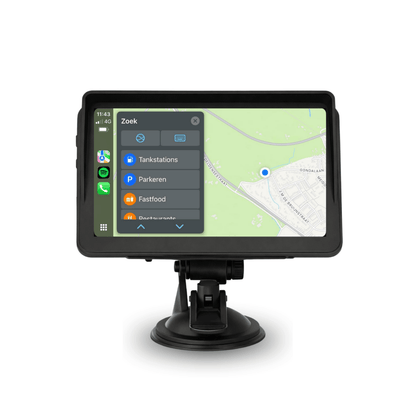 Car GPS navigation with large touchscreen on dashboard mount, displays map view with route and search options for gas stations, parking, and fast food.