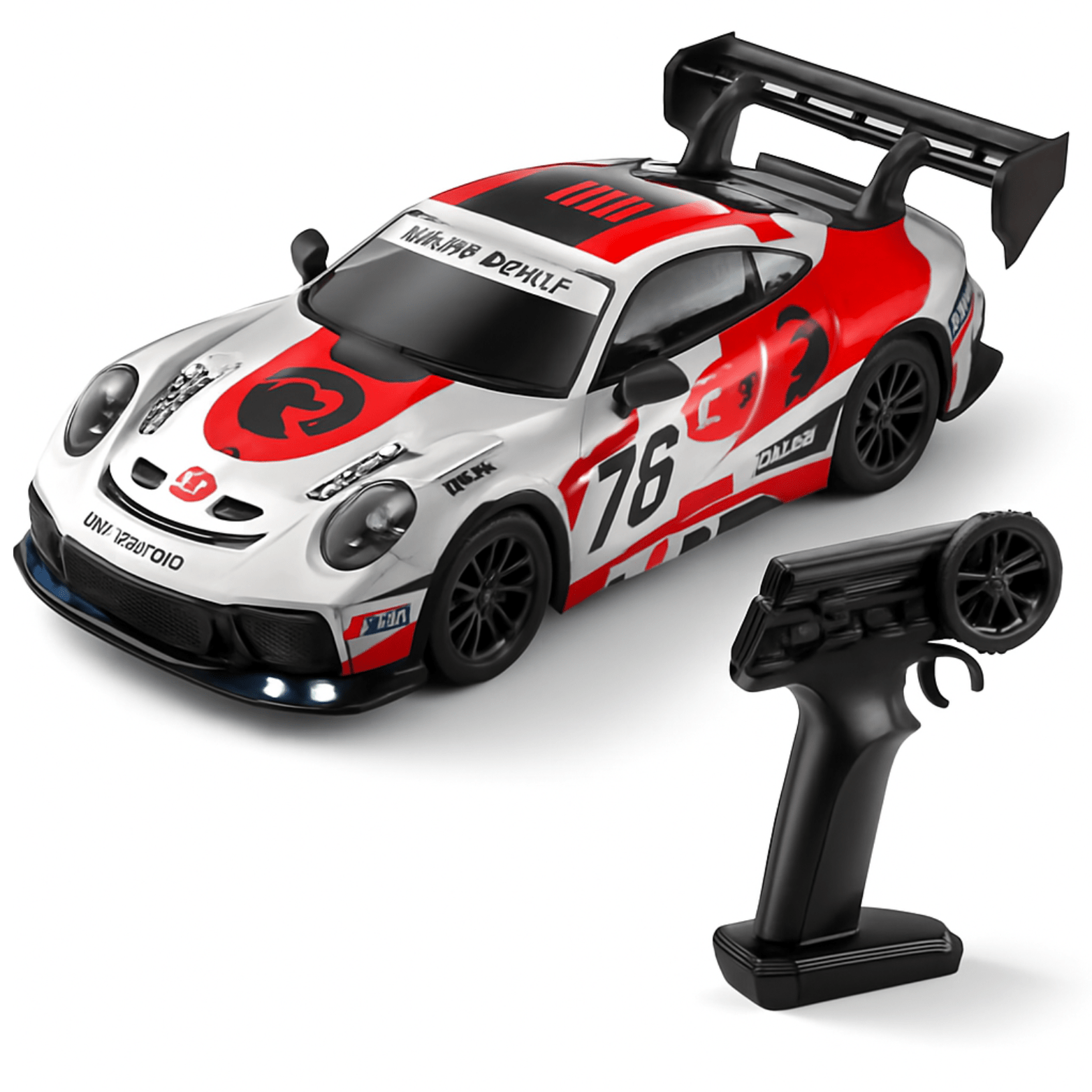 Witte en rode bestuurbare TurboRacer™ RC auto met spoilers en afstandsbediening, gefotografeerd schuin van voren.