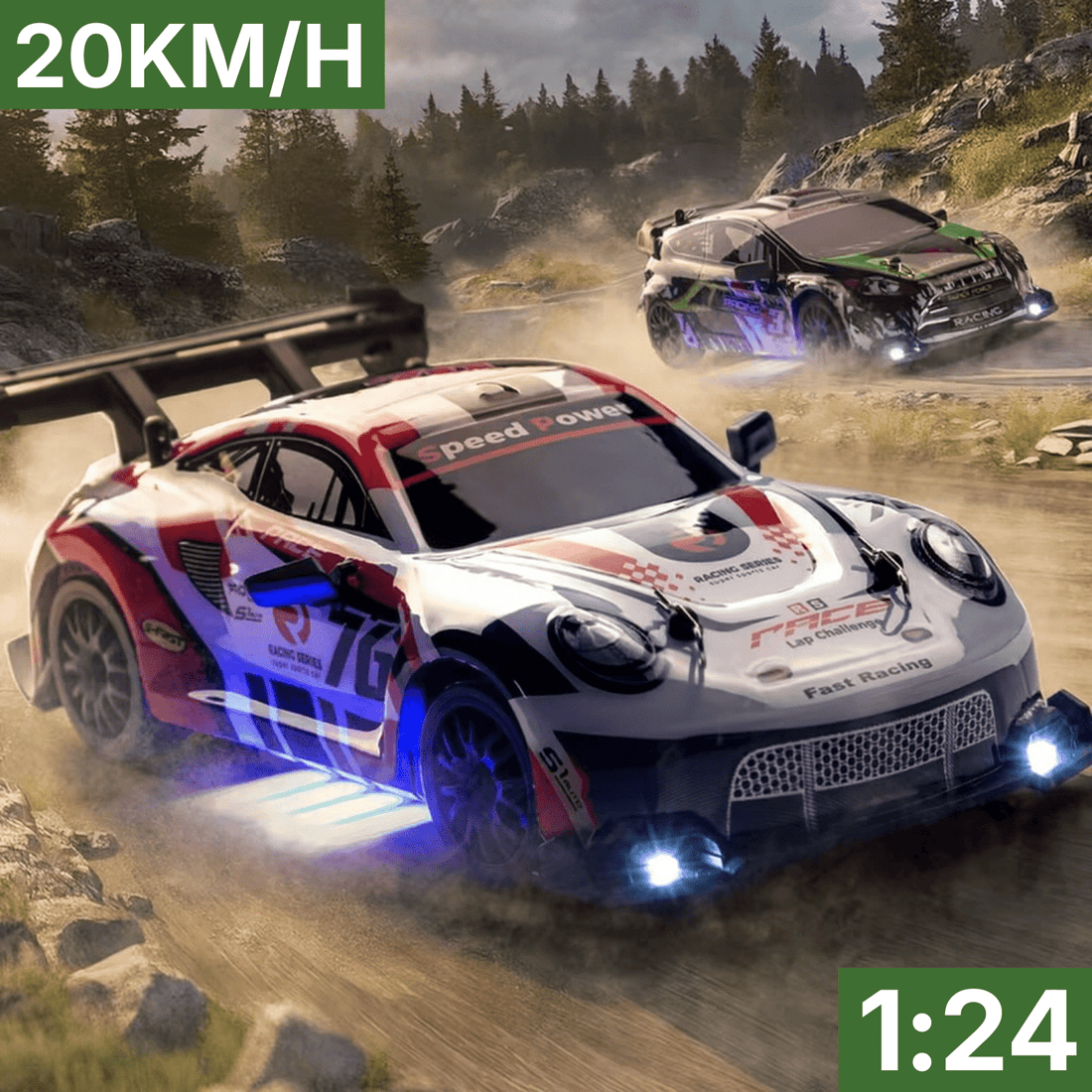 Remote-controlled race car at 1:24 scale with LED lights driving on a dusty off-road track at 20 km/h.