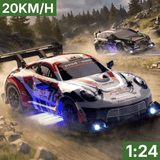 Remote-controlled race car at 1:24 scale with LED lights driving on a dusty off-road track at 20 km/h.