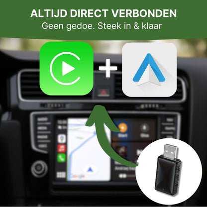 CarVizio USB-adapter voor draadloze Apple CarPlay en Android Auto – eenvoudig verbinden via Bluetooth en WiFi, plug & play installatie in elke auto.