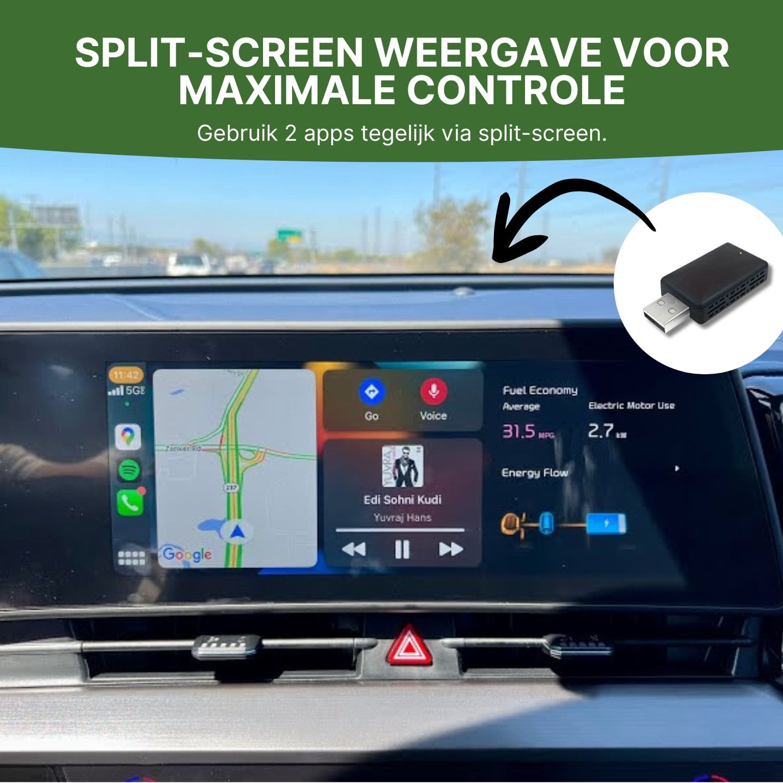 arVizio USB-adapter toont split-screen functionaliteit op het autoscherm met Apple CarPlay en Android Auto – navigeer en luister tegelijk.