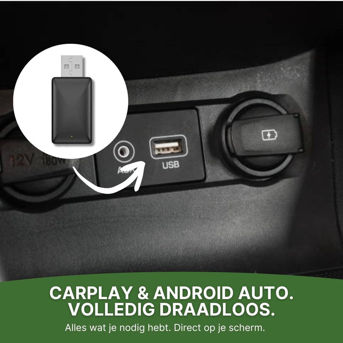 CarVizio USB-adapter ingeplugd in auto – draadloze verbinding met Apple CarPlay en Android Auto, zonder kabels, direct zichtbaar op je autoscherm.
