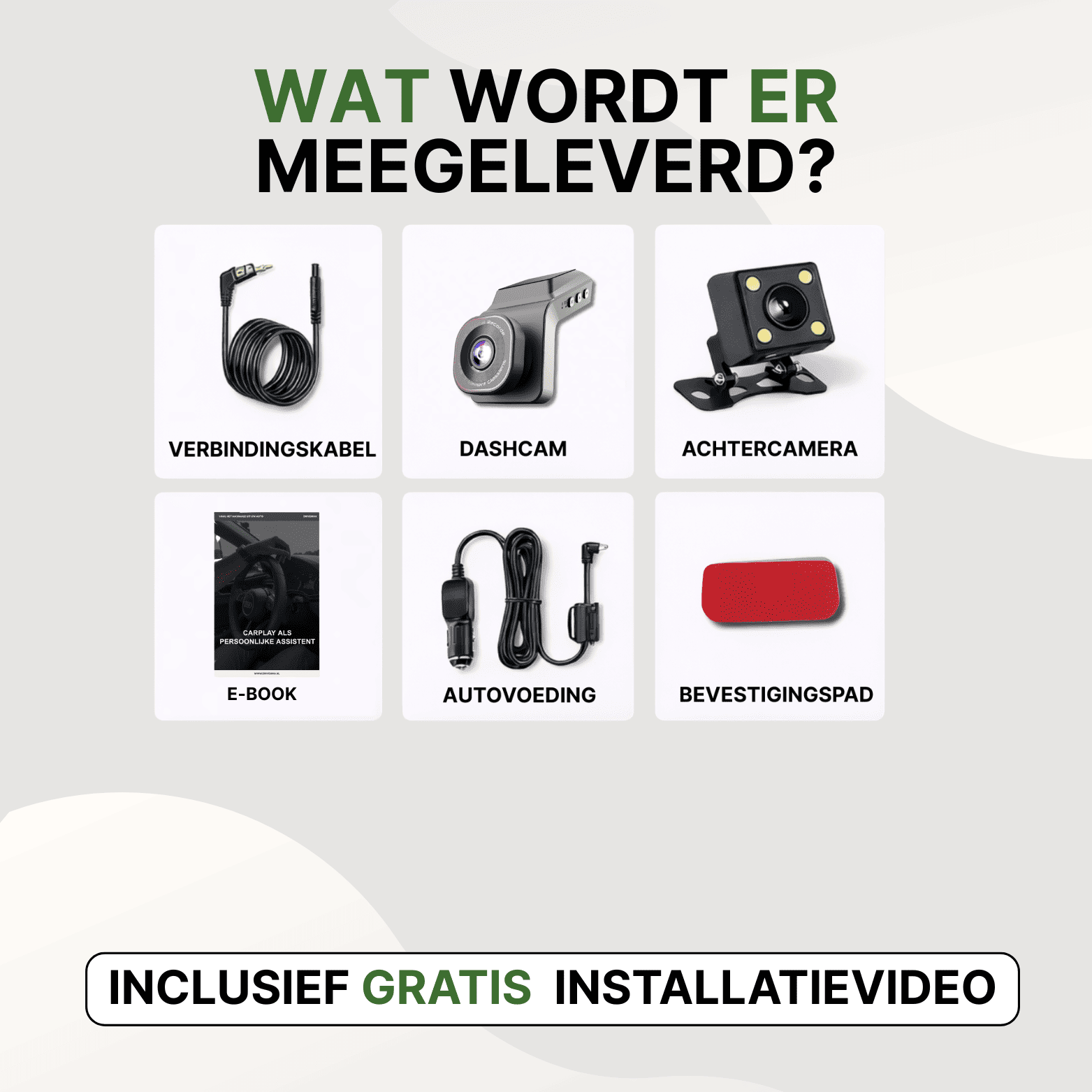 Inhoud van de ClearView Pro dashcam verpakking met camera, achtercamera, kabels en bevestigingspad.