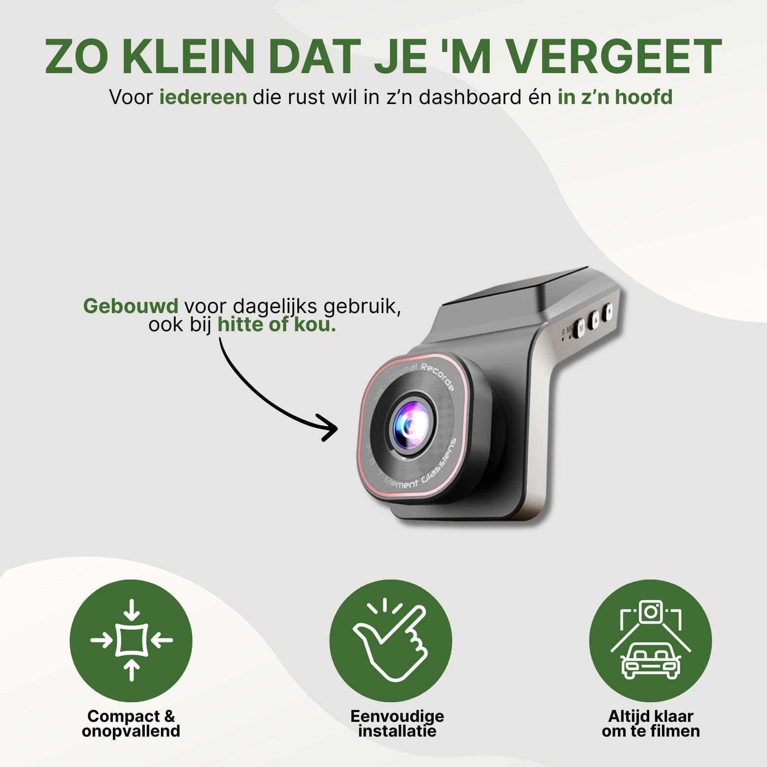 ClearView Ultra compacte en onopvallende dashcam, ontworpen voor dagelijks gebruik in hitte of kou, eenvoudig te installeren en altijd klaar om te filmen.