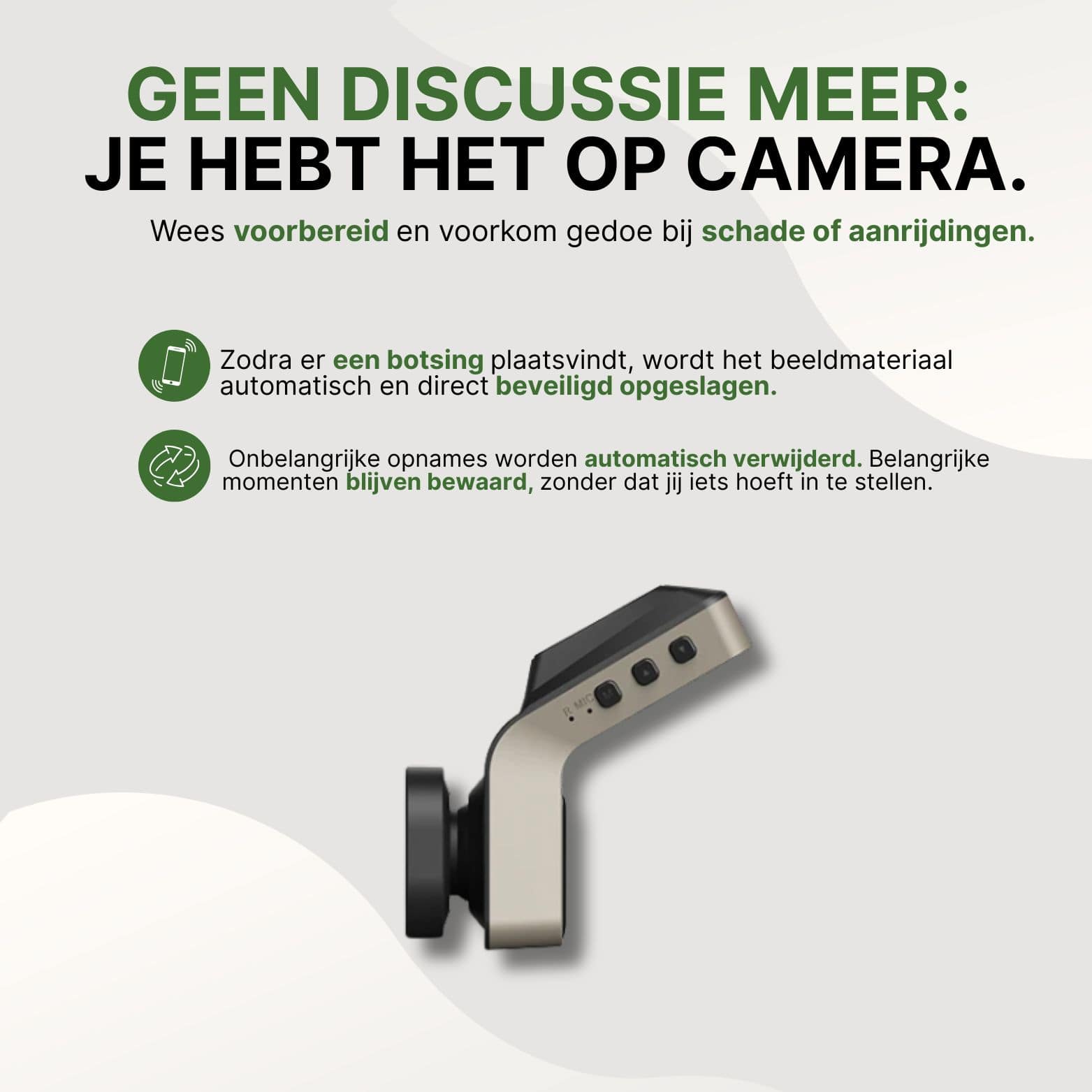 ClearView Ultra dashcam met automatische botsingsdetectie en directe opslag van cruciale beelden bij aanrijdingen, zonder handmatige instellingen.