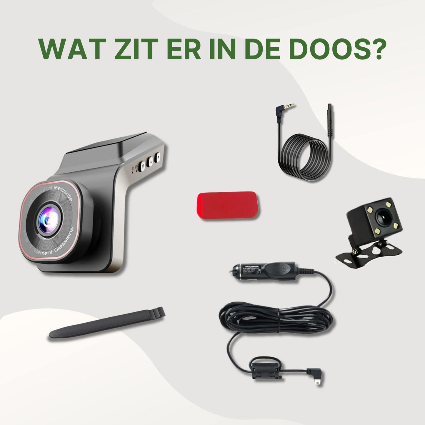 Inhoud van de ClearView Ultra dashcamdoos, inclusief hoofdcamera, achtercamera, autolader, verlengkabel, bevestigingspad en montagetool.