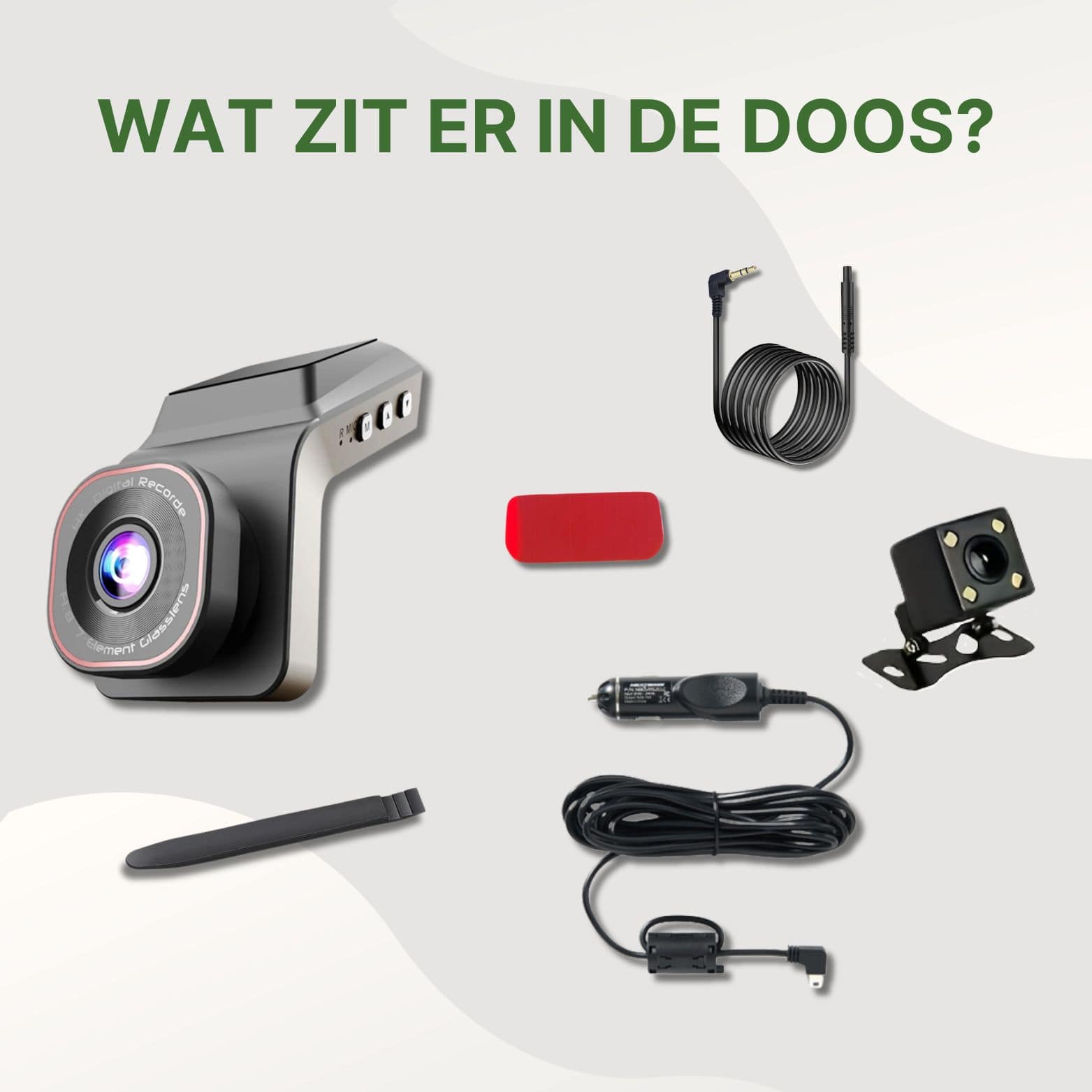 Inhoud van de ClearView Ultra dashcamdoos, inclusief hoofdcamera, achtercamera, autolader, verlengkabel, bevestigingspad en montagetool.