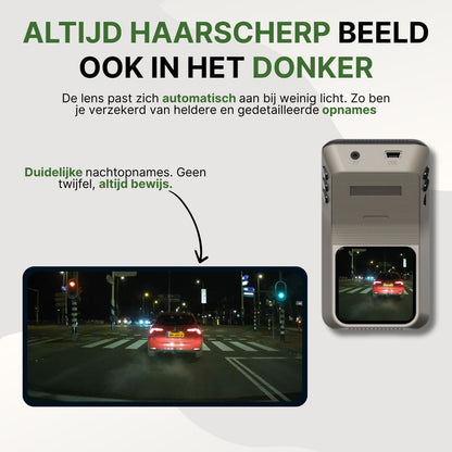 ClearView Ultra dashcam met automatische lichtaanpassing voor scherpe en duidelijke nachtbeelden, zodat je altijd bewijs hebt bij weinig licht of in het donker.