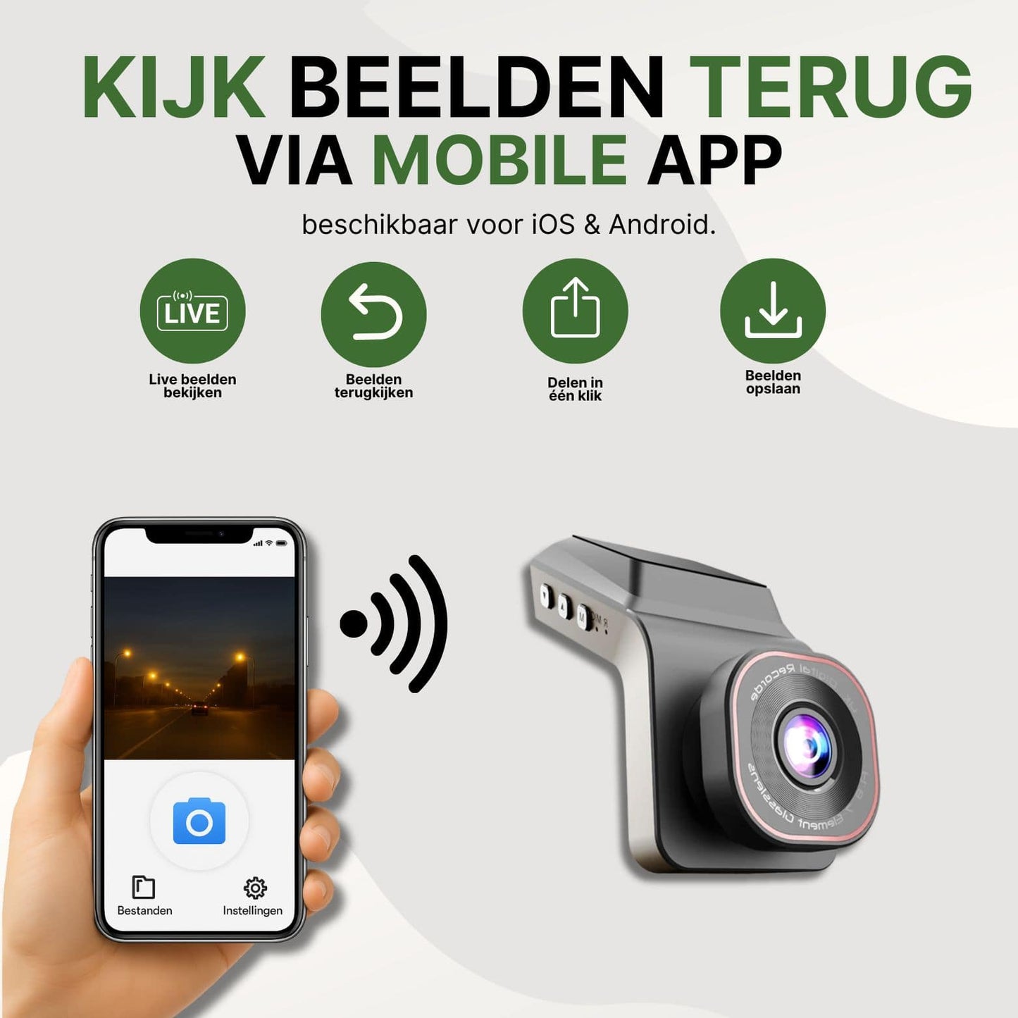 ClearView Ultra dashcam met wifi-verbinding en mobiele app voor iOS en Android om beelden live te bekijken, op te slaan of direct te delen via smartphone.