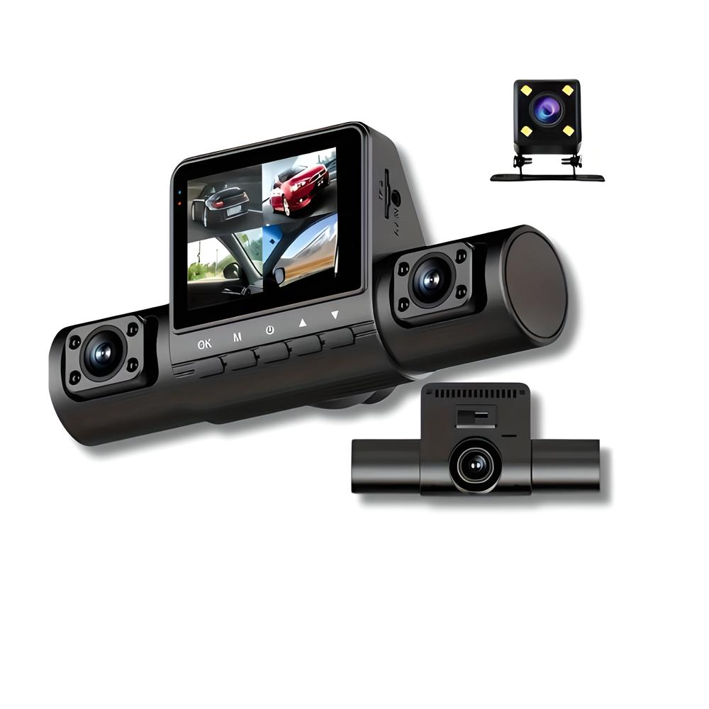 Zwarte dashcamset met dubbelzijdige camera's, lcd-display en losse achteruitrijcamera op witte achtergrond.