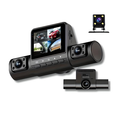 Zwarte dashcamset met dubbelzijdige camera's, lcd-display en losse achteruitrijcamera op witte achtergrond.